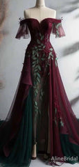 Unique Color-Block Burgundy and Green A-line Formal Gown with Sheer Sleeves, PD381952