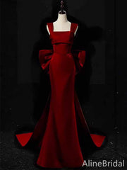 Stunning Red Square Straps Long Mermaid Prom Dress with Bow Detailing, PD381956
