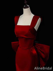 Stunning Red Square Straps Long Mermaid Prom Dress with Bow Detailing, PD381956