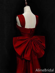 Stunning Red Square Straps Long Mermaid Prom Dress with Bow Detailing, PD381956