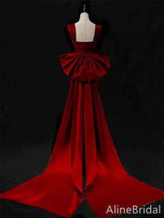 Stunning Red Square Straps Long Mermaid Prom Dress with Bow Detailing, PD381956