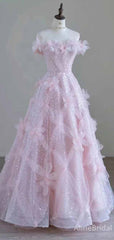 Shimmery 3-D Floral Pink Strapless Appliques A-line Long Prom Ball Gown, Evening Gown, PD381964