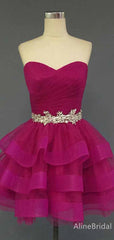 Elegant Sweetheart Strapless Hot Pink A-line Short Tulle Homecoming Dress, HD328006