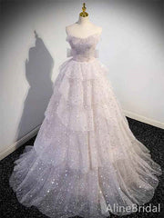 Sparkly Light Pink V-neck Off-the-Shoulder A-line Long Tiered Princess Ball Gown, PD381997