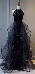Sparkly Black Halter A-line Long Layered Tulle Prom Dress, Evening Dress, PD382009