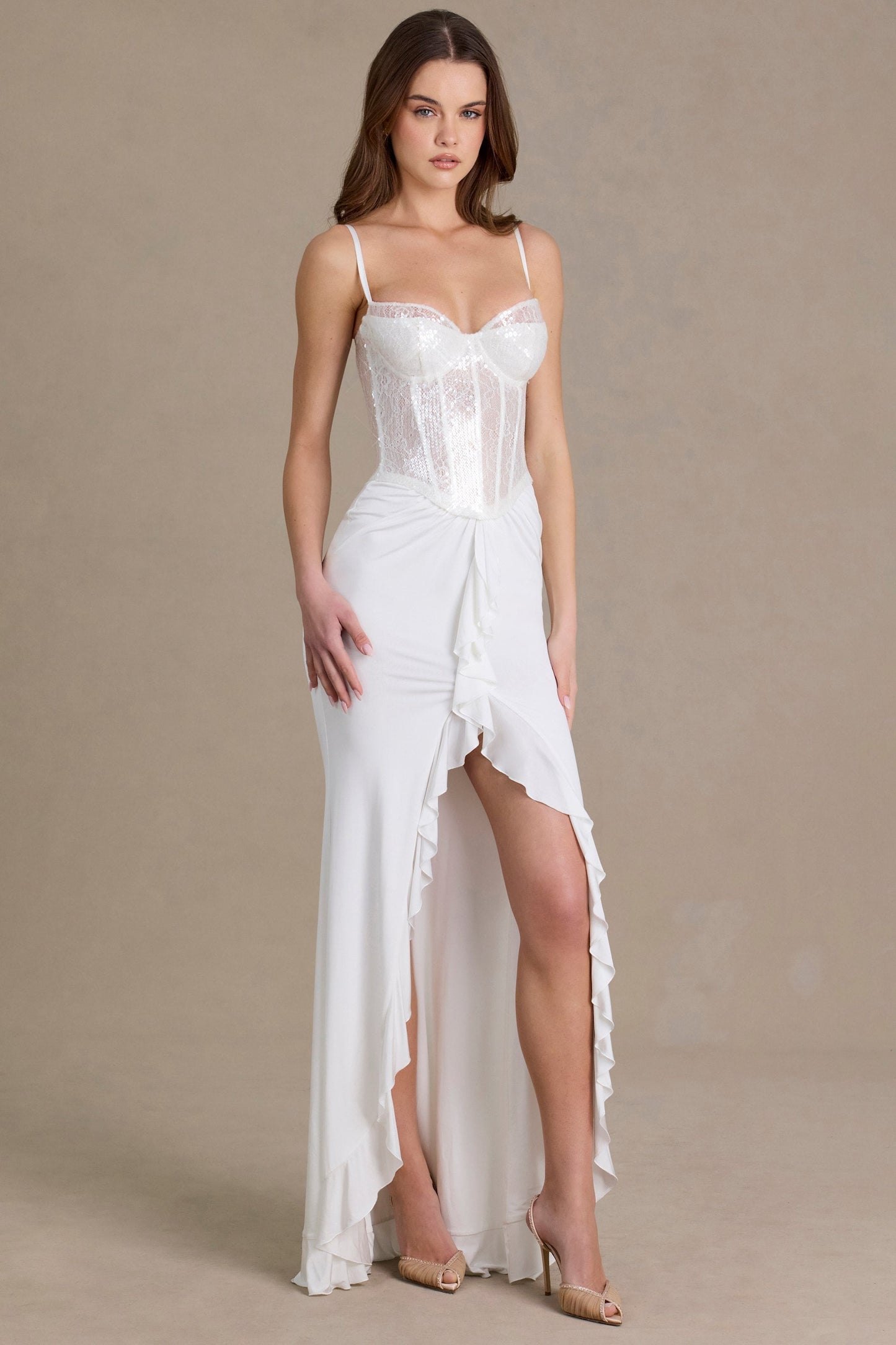 Embellished Lace Corset Gown in White
