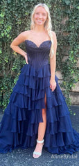 Gorgeous Navy Blue V-neck Strapless Corset A-line Ruffled Tiered Prom Dress with Slit, PD382010