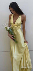Elegant Yellow Satin V-neck Crisscross Long Prom Dress, PD382030