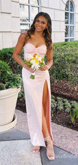Elegant Pink Strapless Pleated Side Slit Mermaid Long Prom Dress, PD382054
