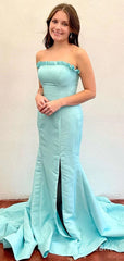 Elegant Sky Blue Strapless Long Mermaid Prom Dress with Slit, Evening Dress, PD3822977