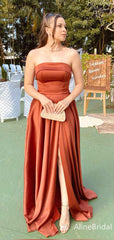 Elegant Rust Strapless A-line Long Prom Dress with Side Slit, Evening Dress, PD3822970