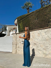 Elegant Dark Blue One-Shoulder Backless Long Evening Dress with Slit, Prom Dress, PD382116