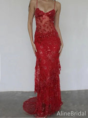 Sexy Red Lace Appliqué Sheer Spaghetti Strap Long Mermaid Evening Gown, Evening Dress, PD3822975