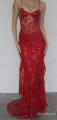 Sexy Red Lace Appliqué Sheer Spaghetti Strap Long Mermaid Evening Gown, Evening Dress, PD3822975
