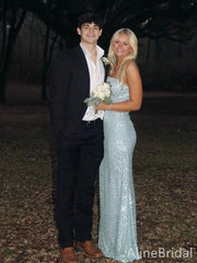 Sparkly Blue Sequins Strapless Long Mermaid Prom Dress, Evening Dress, PD382138