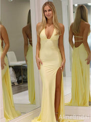 Sexy Yellow Satin Halter Mermaid Long Prom Dress with Slit, Backless Evening Dress, PD382146