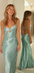 Unique Mint Green Spaghetti Strap Backless Mermaid Long Prom Dress with Tie-Back, Evening Dress, PD382159