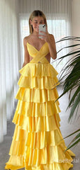 Elegant Yellow V-neck Ruffles A-line Long Prom Dress, Evening Dress,PD382188