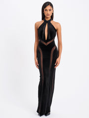 Paityn Black Velvet Mesh Cutout Halter Gown