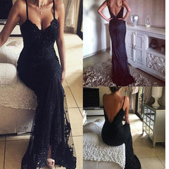 Long Beaded Black Lace Vintage V-Neck Sexy Prom Dresses. AB060