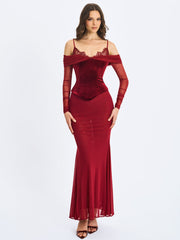 Maybelle Magenta Bardot Lace Strap Peplum Maxi Dress