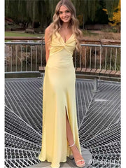 Elegant Yellow Satin Cutout Mermaid Long Prom Dress, PD382015