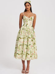 Jacinda Green Floral Print Linen Midi Dress