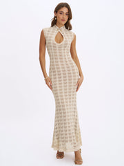 Xylona Beige & Gold Crochet Teardrop Neckline Mermaid Maxi Dress