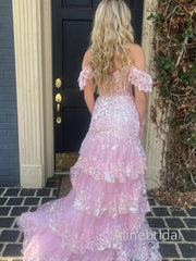 Sparkly Pink Off the Shoulder Ruffles Tiered Corset Prom Dress, Evening Dress, PD382292