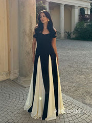 Elegant Spaghetti Straps Black& White Solid Patchwork A-line Maxi Prom Dress, Formal Dress, PD382244