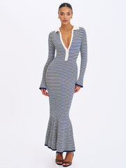 Xelie Navy & White Cotton Terry Knit Mermaid Maxi Dress