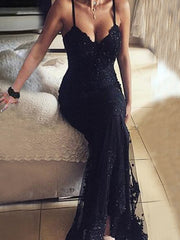 Long Beaded Black Lace Vintage V-Neck Sexy Prom Dresses. AB060