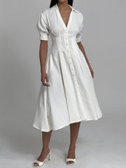 Palina White Lyocell Pleated Midi Preppy Shirt Dress