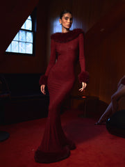 Mellie Burgundy Regular-Length Rhinestone Mesh Low Back Mermaid Gown
