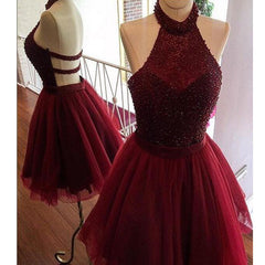 New Arrival Burgundy Halter Beaded Open Back Unique homecoming dresses,BD00108