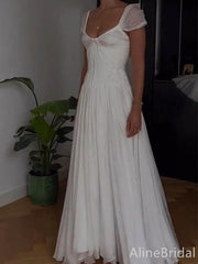 Elegant Ivory Chiffon Low Back A-Line Prom Dress with Cap Sleeves, Evening Gown, PD37673
