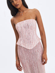 Tosca Beaded Blush Gradient Strapless Peplum Maxi Dress