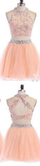 Sexy Two pieces Peach lace homecoming prom dresses, CM0004