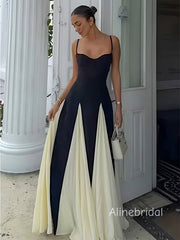 Elegant Spaghetti Straps Black& White Solid Patchwork A-line Maxi Prom Dress, Formal Dress, PD382244