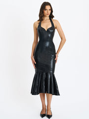 Gardenia Black Leather Midi Sweetheart Halter Flared Dress