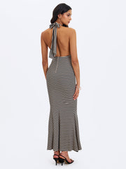 Hannah Almond & Black Lyocell Jersey Striped Mermaid Maxi Dress