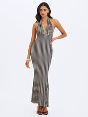 Hannah Almond & Black Lyocell Jersey Striped Mermaid Maxi Dress