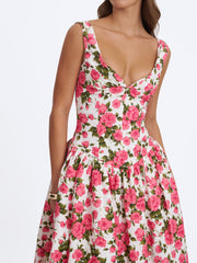 Wilfreda Blooming Pink Floral Linen Sweetheart Midi Dress