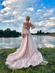 Pink Off Shoulder Sweetheart A-line Floor length Prom Dress, PD3715