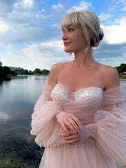 Pink Off Shoulder Sweetheart A-line Floor length Prom Dress, PD3715