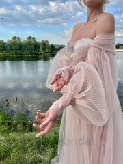 Pink Off Shoulder Sweetheart A-line Floor length Prom Dress, PD3715