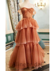 Elegant Orange Off the Shoulder Sleeveless A-line Layered Tulle Prom Dress, PD3600