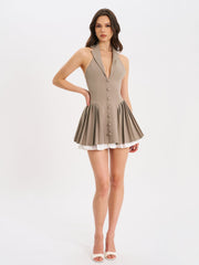 Hazel Brown Preppy Halter Neck Pleated Mini Dress