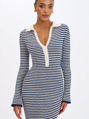 Xelie Navy & White Cotton Terry Knit Mermaid Maxi Dress