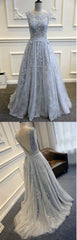 Long Custom Gray V-Back Scoop Tulle With Lace Appliques Party Prom Dresses,PD0083